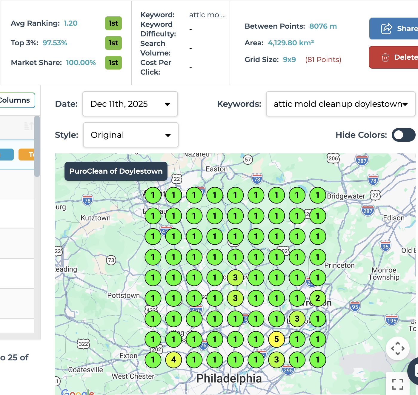 Google search results showing water damage near me map pack and organic listings