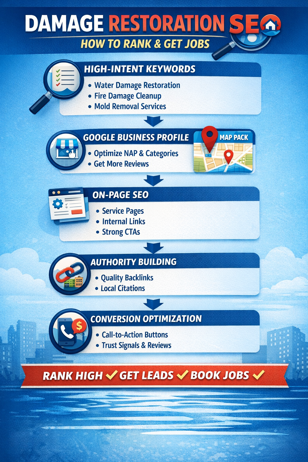 damage restoration SEO strategy infographic showing keywords Google Business Profile on-page SEO backlinks and conversion optimization