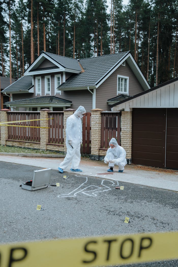 services-02 Two investigators in protective suits examine a crime scene outside a house.