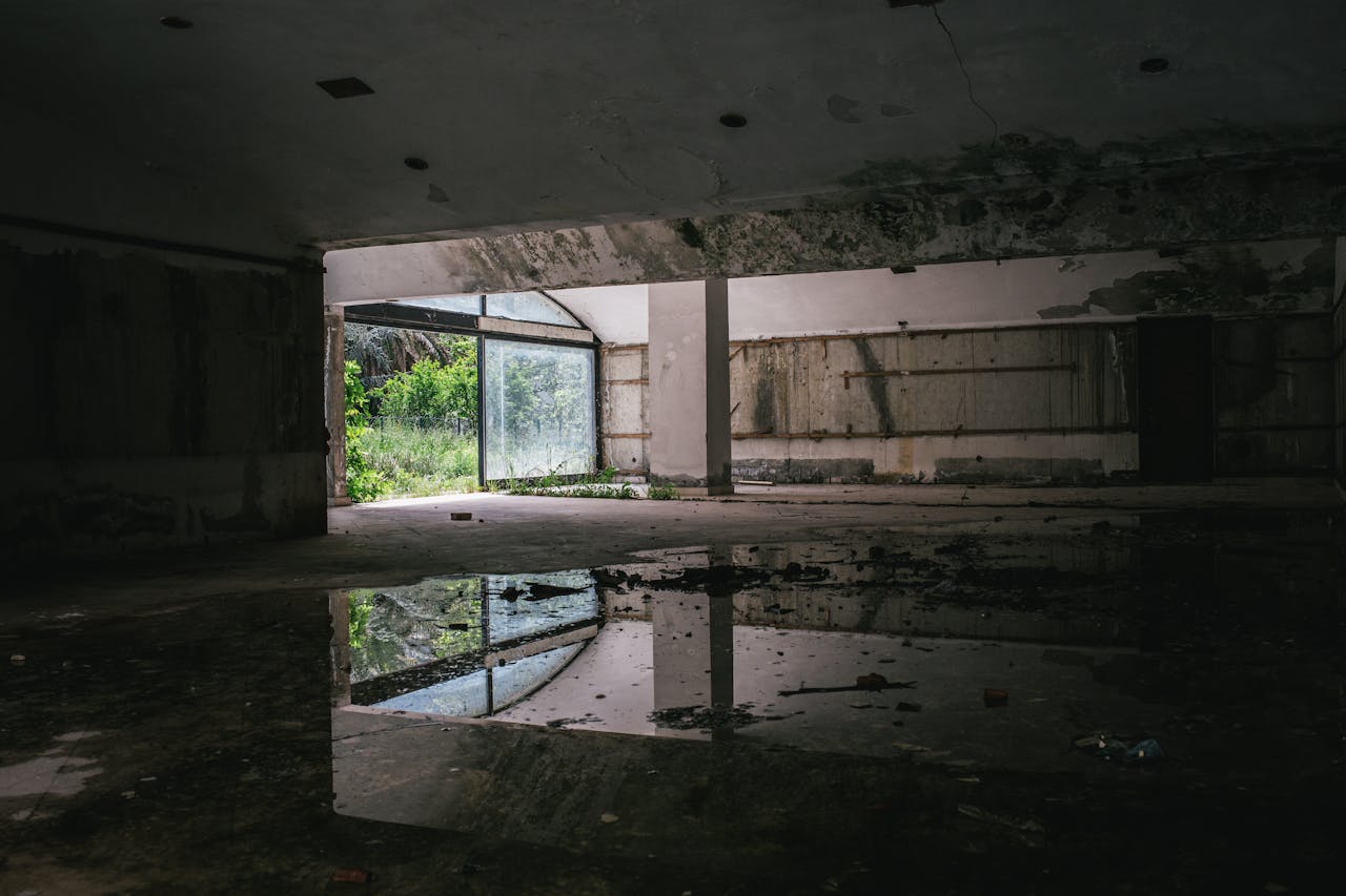 Explore the haunting atmosphere of an abandoned building with puddles reflecting decay and nature.